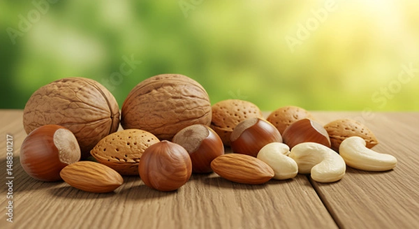 Fototapeta Premium Assorted Nuts and Dried Fruits on Rustic Wooden Table – Almonds, Cashews, Walnuts, Hazelnuts, Pistachios, Dried Apricots, Raisins, Dates, Healthy Snack, Vegan Food