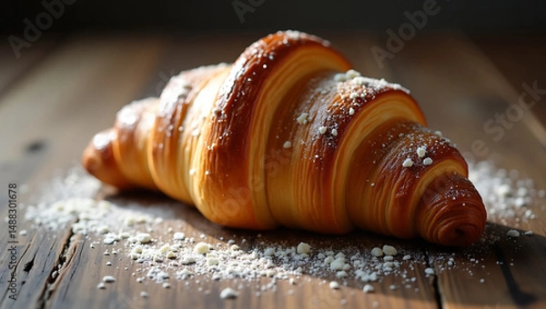 Fototapeta Buttery Croissant Close-Up with Flaky Layers and Crumbs