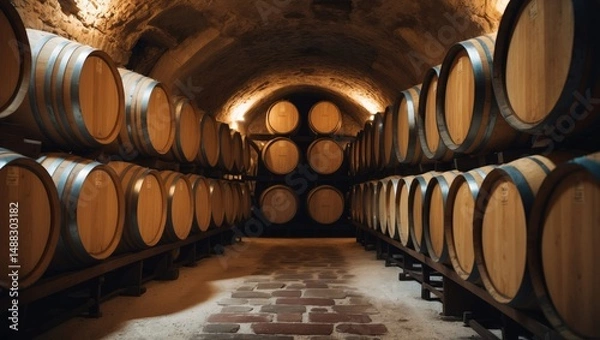 Fototapeta Lines of wine barrels within an aging cellar