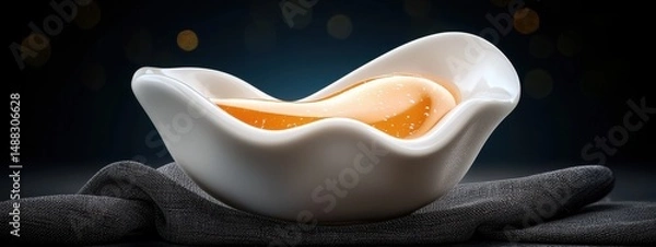 Fototapeta Amber Liquid in White Wave Shaped Bowl on Dark Surface