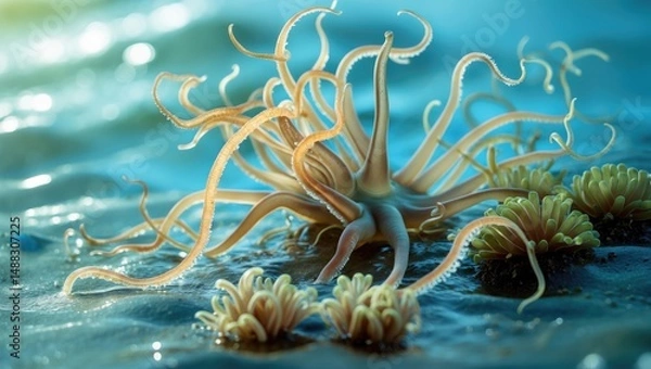 Fototapeta Tentacles of a sea anemone within a tidal pool, alongside water anemones and a polyp