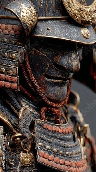 Fototapeta Ornate traditional samurai armor with intricate golden detailing and helmet crest.