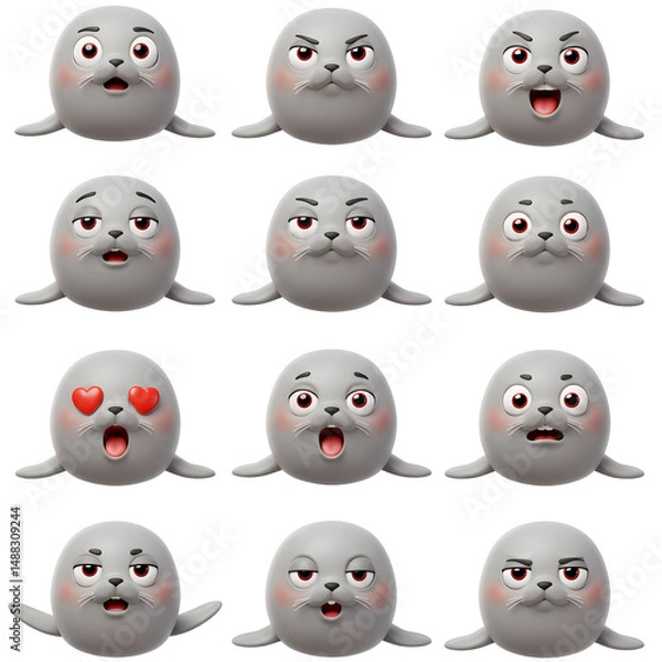 Fototapeta Cartoon seal faces collection various expressions digital art