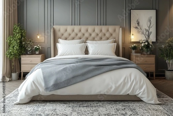 Fototapeta Modern minimalist fabric bed with headboard, white and green linen blanket, nightstands, wall art, and gray patterned carpet in cozy bedroom