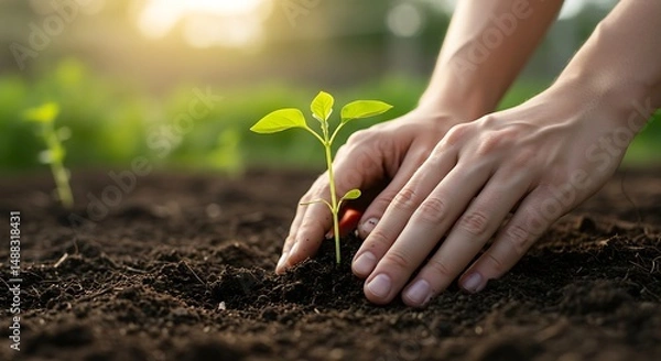 Fototapeta Hands Planting Seedling in Soil: Growth and Nurture