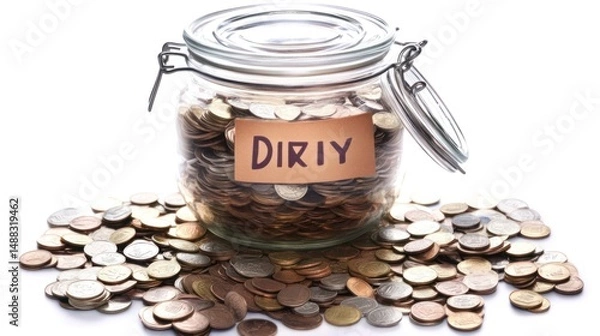 Obraz Glass Jar Filled with Coins and Labeled 'DIRIY', Surrounded by Scattered Coins