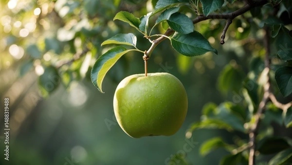 Fototapeta A green apple suspended in the tree; a highly nutritious fruit offering various health advantages, aids in weight loss, enhances gut and brain health; it also represents knowledge, immortality,