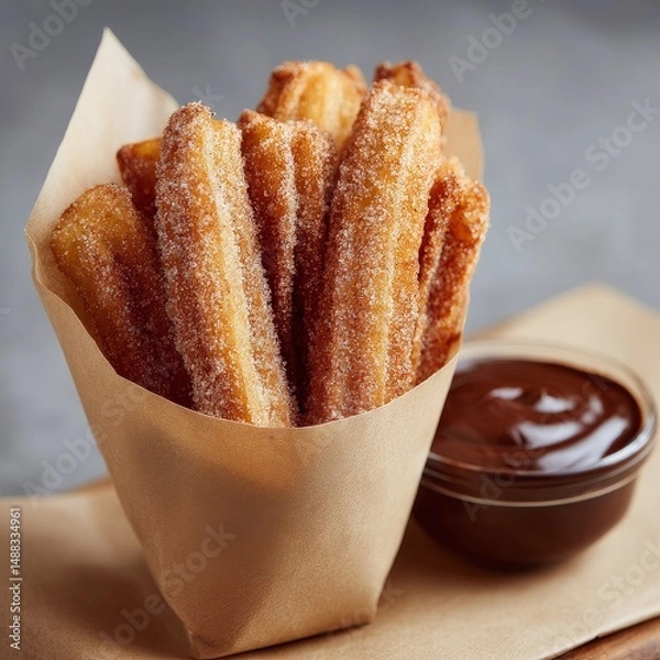 Fototapeta Crispy golden churros with sugar coating in paper cone served with rich chocolate dipping sauce on a neutral background