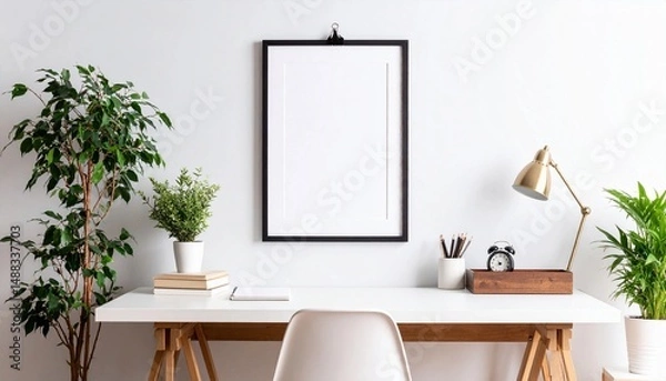 Fototapeta Hanging frame mockup with clips on studio wall, artistic home office interior with creative atmosphere. Relaxed and inspiring look.