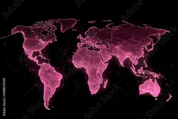 Fototapeta Pink World Map: Global Connectivity and Digital Network