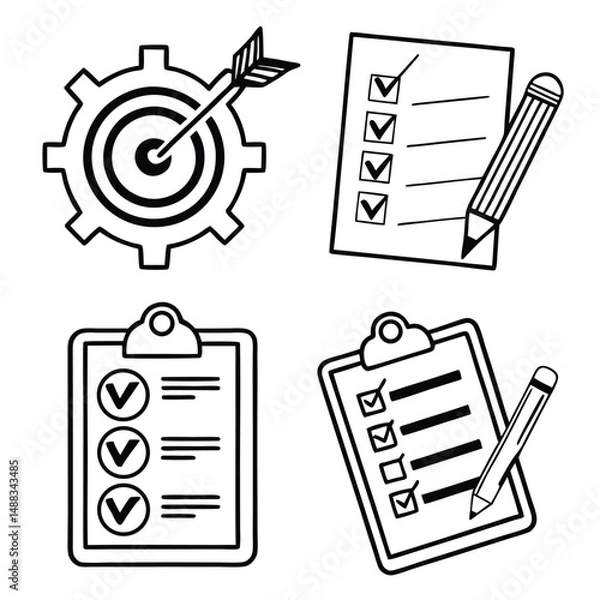 Obraz Productivity & Checklist Line Icon Set – Task Management Symbols for Workflow and Organization