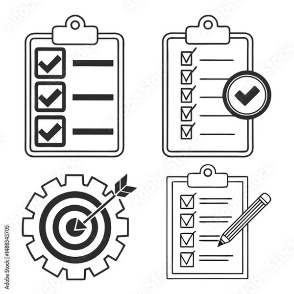 Obraz Productivity & Checklist Line Icon Set – Task Management Symbols for Workflow and Organization