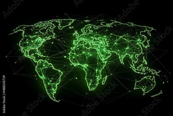 Fototapeta Global Network Connectivity: Green World Map with Nodes