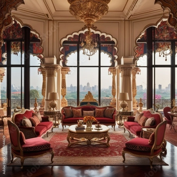 Fototapeta Luxurious Royal Living Room with Indo-Islamic Architecture and Panoramic City View