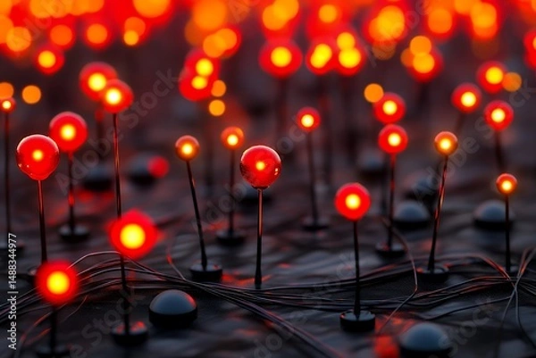 Fototapeta Illuminated Neural Network: Red Light Nodes and Dark Fibers