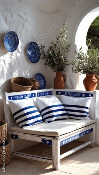 Fototapeta Mediterranean Style Patio Corner with Blue Accents and Rustic Decor Elements