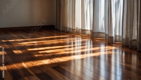Obraz Vertical blinds project shadows onto a recently installed hardwood floor