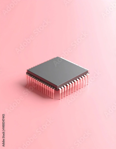 Fototapeta A sleek microchip rests on a soft pink surface, highlighting its metallic pins and modern design, symbolizing technology and innovation
