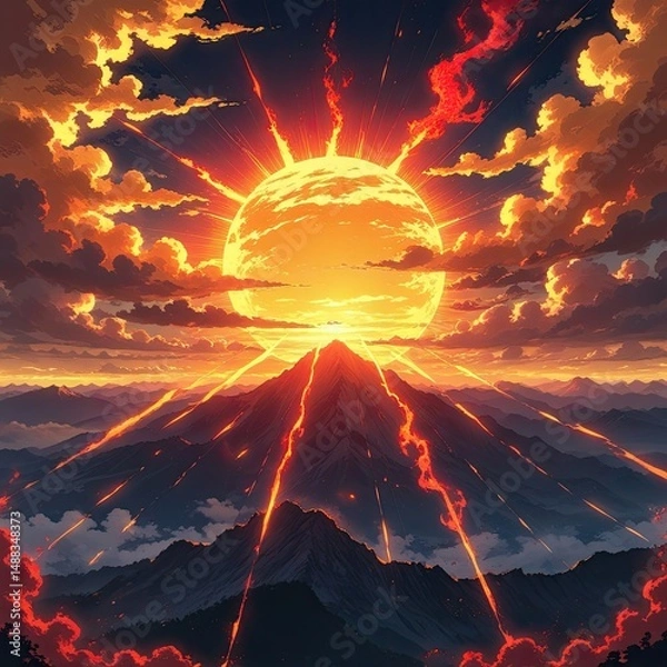 Fototapeta Epic Volcano Eruption at Sunset with Fiery Sky and Dramatic Lava Streams