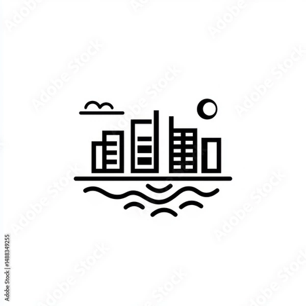 Fototapeta Cityscape night scene, waterfront buildings, moon, clouds.  Website icon