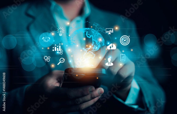 Obraz Hands showing the world of digital marketing, business concept, technology, international market, global internet connection, big data, business technology, finance, internet global, internet,	
