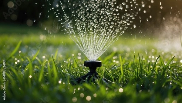Obraz Green lawn being irrigated by sprinkler system