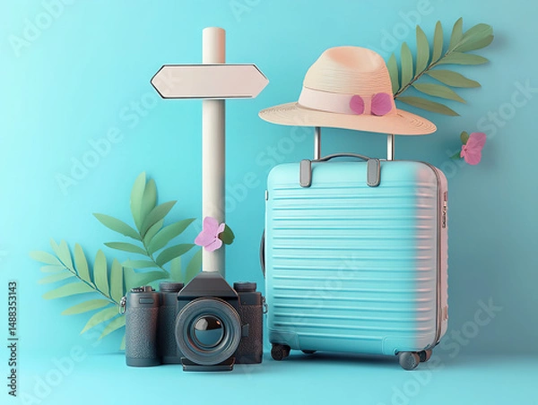 Obraz Travel Essentials: Suitcase, Camera and Hat on Turquoise Background