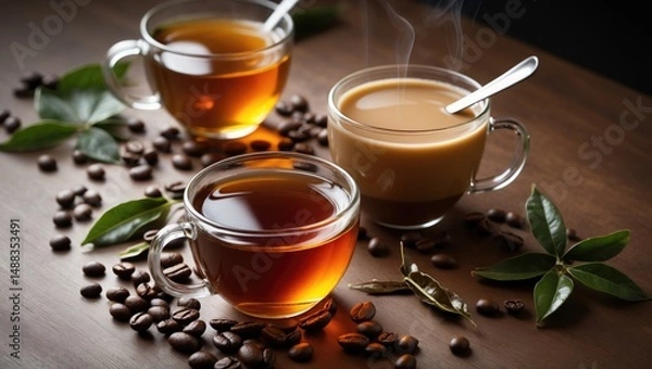 Obraz Tea and coffee served hot with leaves and beans