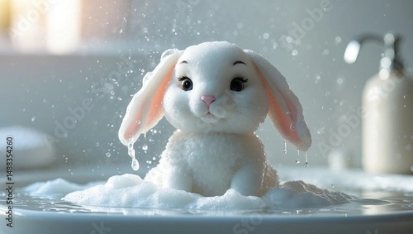 Obraz Foam-drenched white rabbit plushie. Toy washing. Domestic cleanliness.