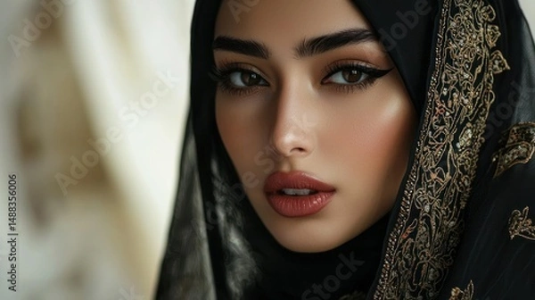 Fototapeta A woman wearing a black and gold hijab with intricate patterns, looking directly at the camera with a serious expression.