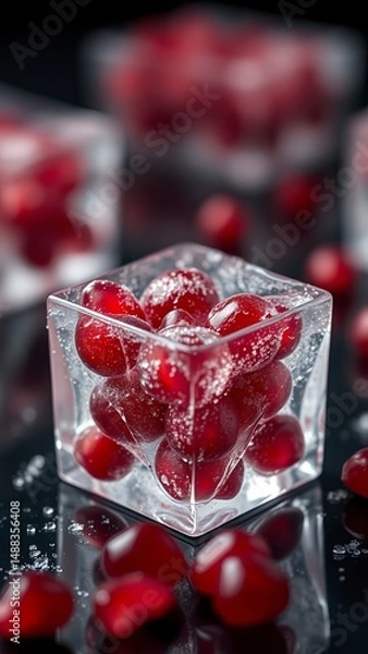 Fototapeta Red Holiday Berries in a Clear Ice Cube Tray