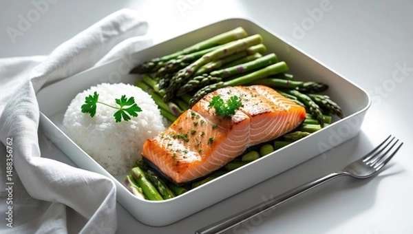 Obraz Lunch Box Featuring Rice, Asparagus, and Salmon Steak