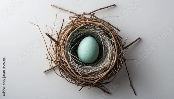 Fototapeta Nest with egg against a white backdrop
