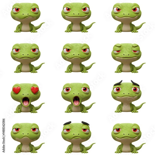 Fototapeta Collection of cute cartoon lizard characters with different expressions