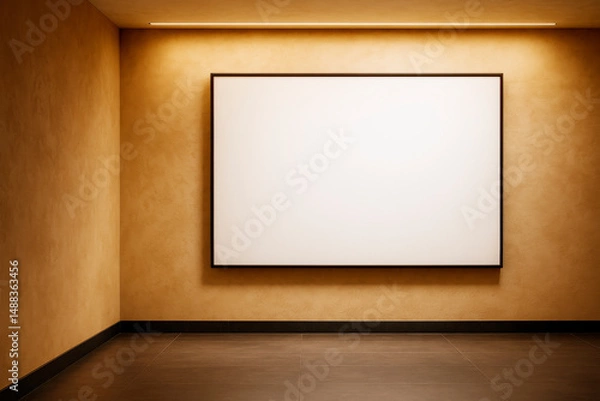 Fototapeta Blank white canvas frame on textured wall in warm-lit gallery corner, minimal indoor exhibition background for art display or poster presentation.