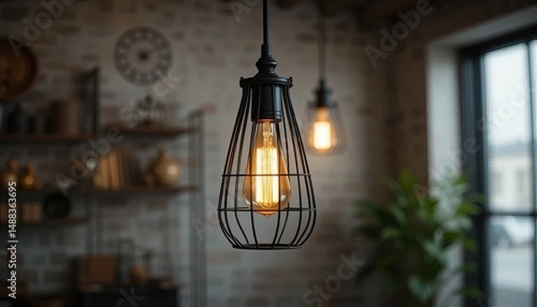 Fototapeta Warm Edison Bulb Hanging Lamp In Rustic Interior Design Setting