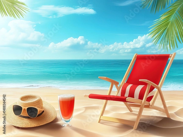 Obraz Relaxing Beach Scene with Deck Chair and Refreshing Drink