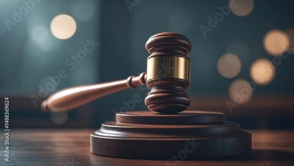 Obraz Wooden Desk with Gavel and Block Against a Bokeh Background