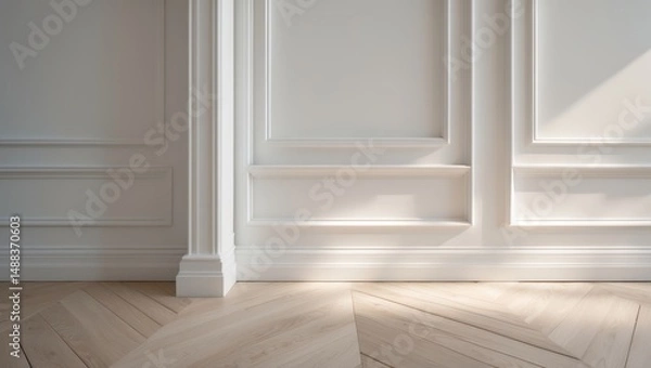 Obraz Segment of a white classic interior with wooden herringbone parquet flooring, installed wall panels, moldings, and skirting boards, at the final stage of apartment finishing works
