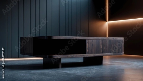 Obraz Timber furnishings in a contemporary dark environment. Image of a minimalist space with room for text.