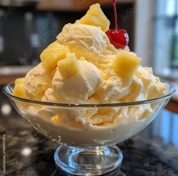 Fototapeta Tropical Temptation: A delightful, close-up shot of a creamy, luscious ice cream sundae, garnished with vibrant pineapple chunks and a juicy cherry, offering a refreshing and sweet indulgence.