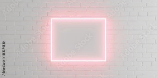 Obraz Pink Neon Light Square Frame on White Brick Wall Background Mockup