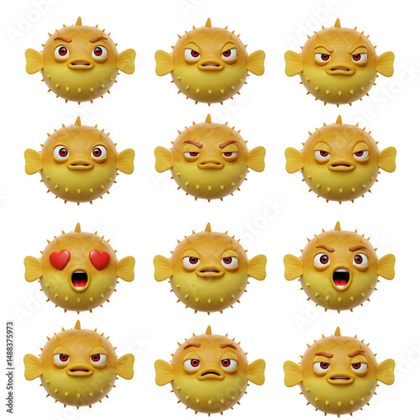 Fototapeta Collection of pufferfish character designs with diverse expressions