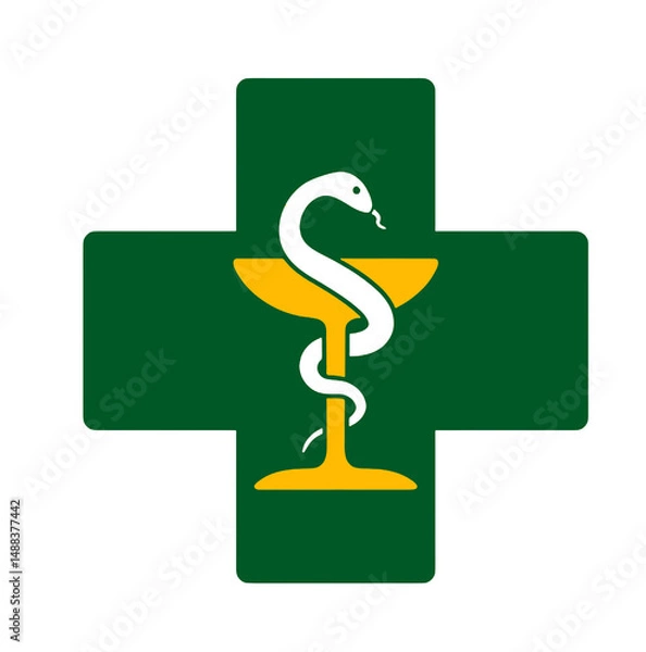 Obraz Pharmacy Cross. Set of two Green pharmacy cross and Medical symbol the snake wrapped around the bowl. Vector. Isolated on white background.