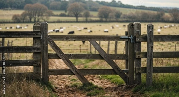 Obraz Wooden fence gate slightly open near a field with grazing land