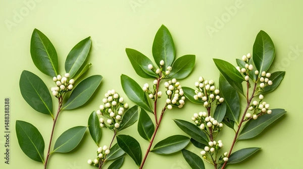 Fototapeta Green leaves and white berries arranged on pastel green background; nature, spring, botanical, flatlay, design