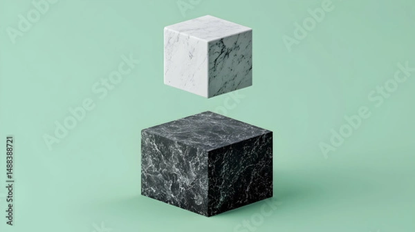 Fototapeta Two marble cubes, one white and one dark, hover against a pastel green background; perfect for minimalist design