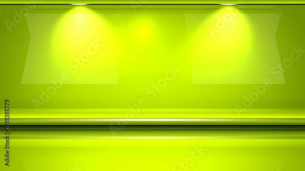 Fototapeta Lime green studio background; spotlights illuminate empty display; perfect for product showcasing