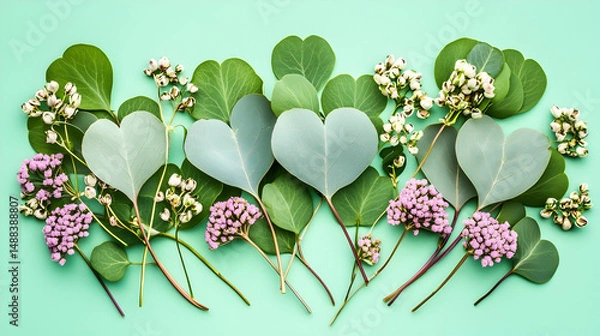 Fototapeta Heart-shaped eucalyptus leaves and flowers arranged on mint background; ideal for wedding invitations or romantic designs