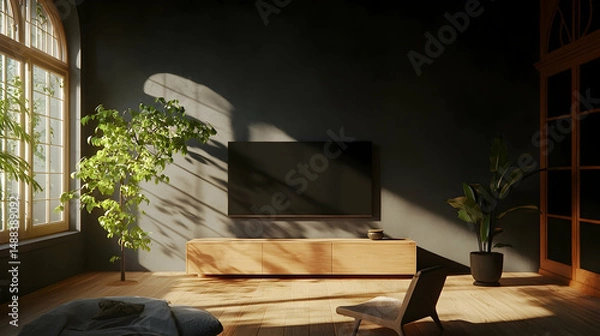 Fototapeta Sunlit living room with large TV, plants, and arched window; ideal for interior design websites